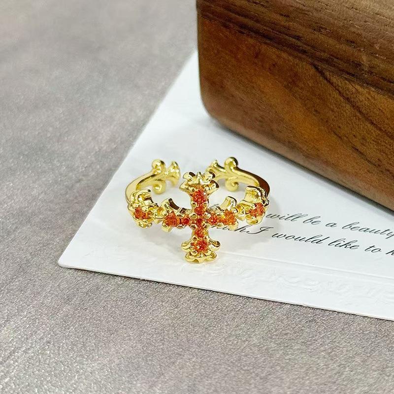 Medieval Vintage Orange Red Zircon Inlaid Simple Open Ring Female Retro Flower Temperament Niche Index Finger Ring