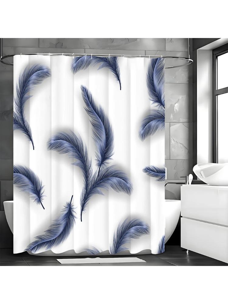 

Blue Feather Shower Curtain, Bathroom Decorative Shower Curtain, Waterproof Shower Curtain With Hooks W60H190(CM)-1 Pcs