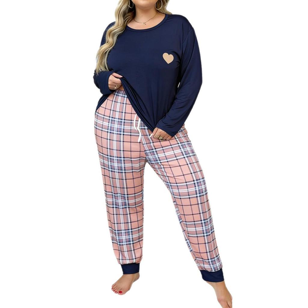 Women's Plus Size Heart Print Pajama Set - European & American Style, Long Sleeve Loungewear