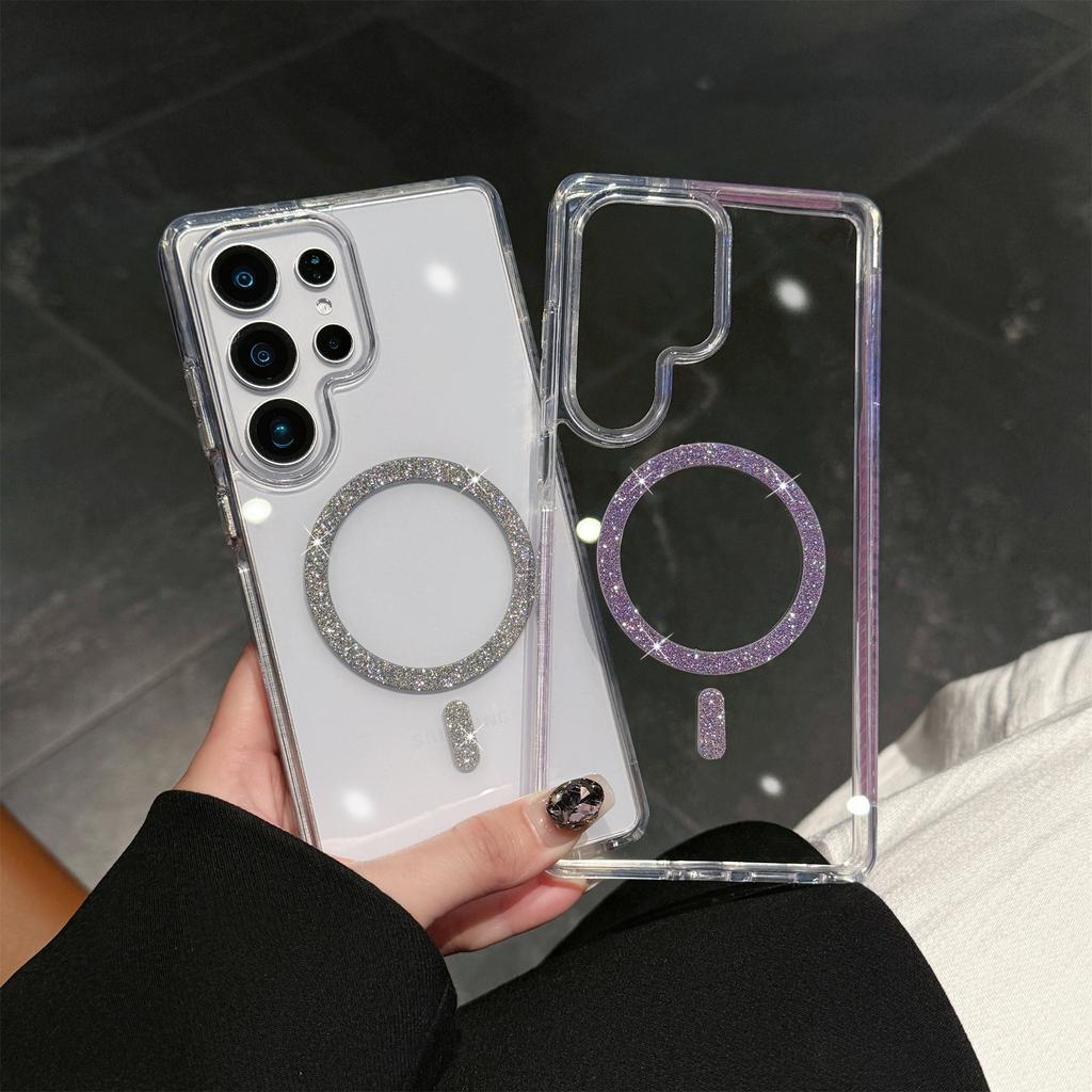 For Samsung Galaxy S24 Ultra Case Compatible with MagSafe Glitter Ring TPU+Acrylic Clear Phone Cover Airbag Protection