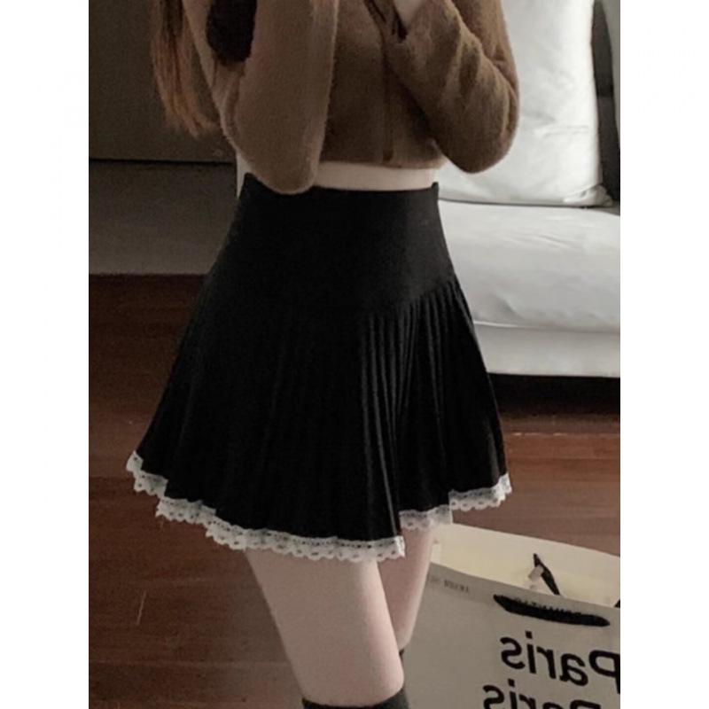 Women's Plus Size Woolen Pleated A-line Skirt with Lace Trim - High Waist Puff Design for Spring & Autumn