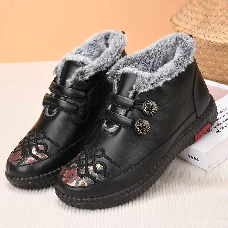 Ethnic Style Ankle Elderly Cotton Boots Winter New Women Waterproof Non Slip Round Toe Plush Keep Warm Flat Sole Cotton Shoes
