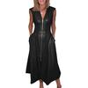 Women's Faux Leather Front Zip Long Dress V Neck Sleeveless Smocked High Waist Pleated