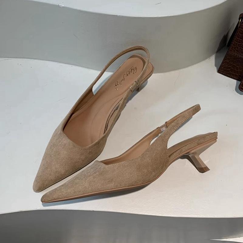 Fashion SUOJIALUN 2024 Autumn Women Sandal Shoes Fashion Pointed Toe Shallow Slip On Slingback Sandal Thin Med Heel Ladies Elegant Pumps