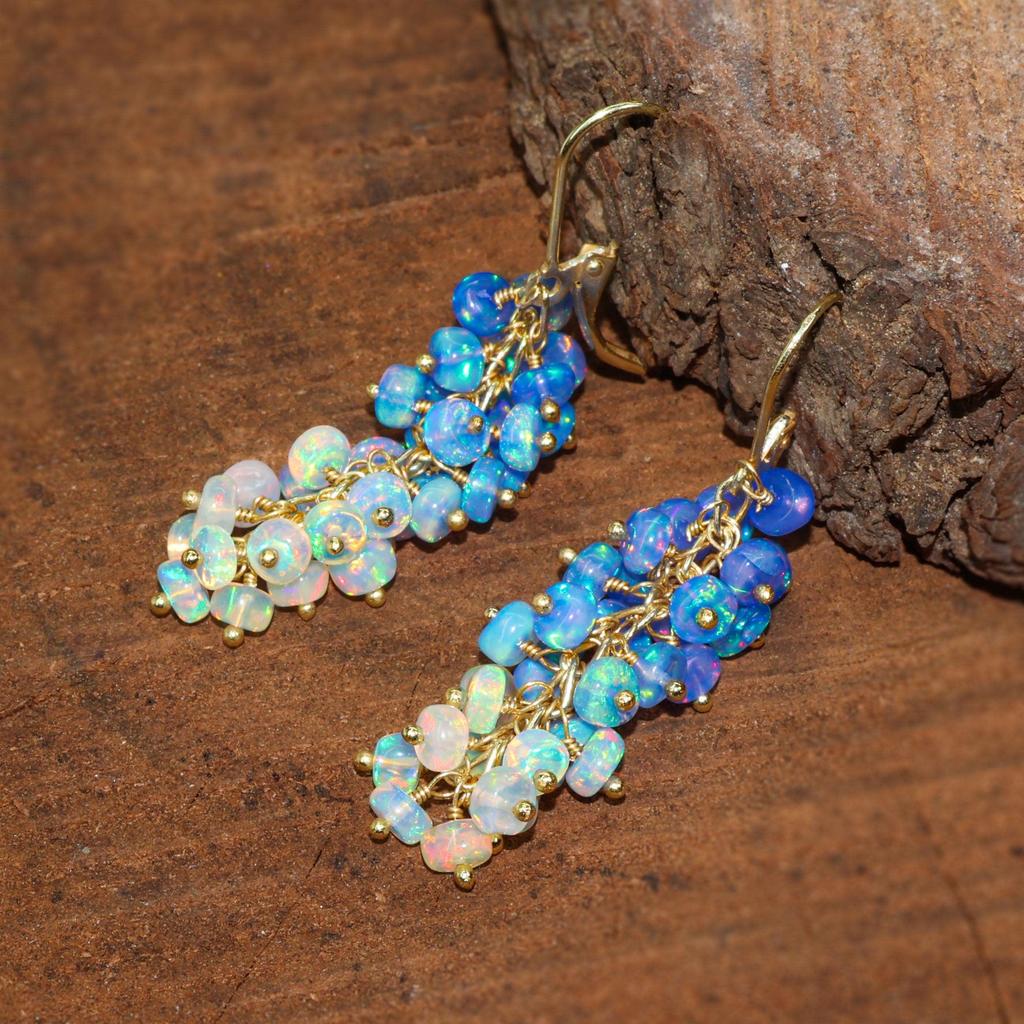 Multifire Blue Opal Cluster Earring, Fire Opal Beads Dangle Earring, Natural Opal Beaded Earring, Birthstone Jewelry for Women, Gift for Her