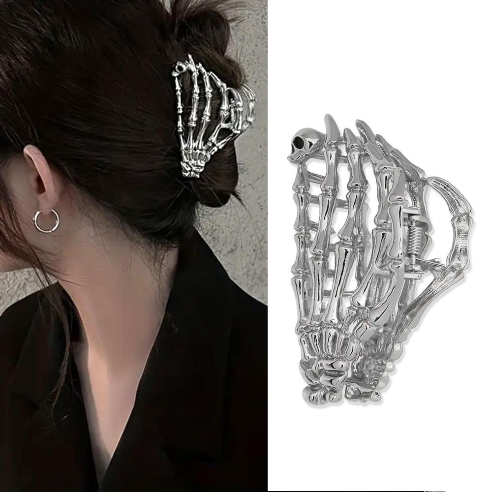 Metal Skull Hand Hair Clip Silver Punk-inspired Art Skull Embellishment Metal Halloween Hair Securing Claw Hair Clip for Women