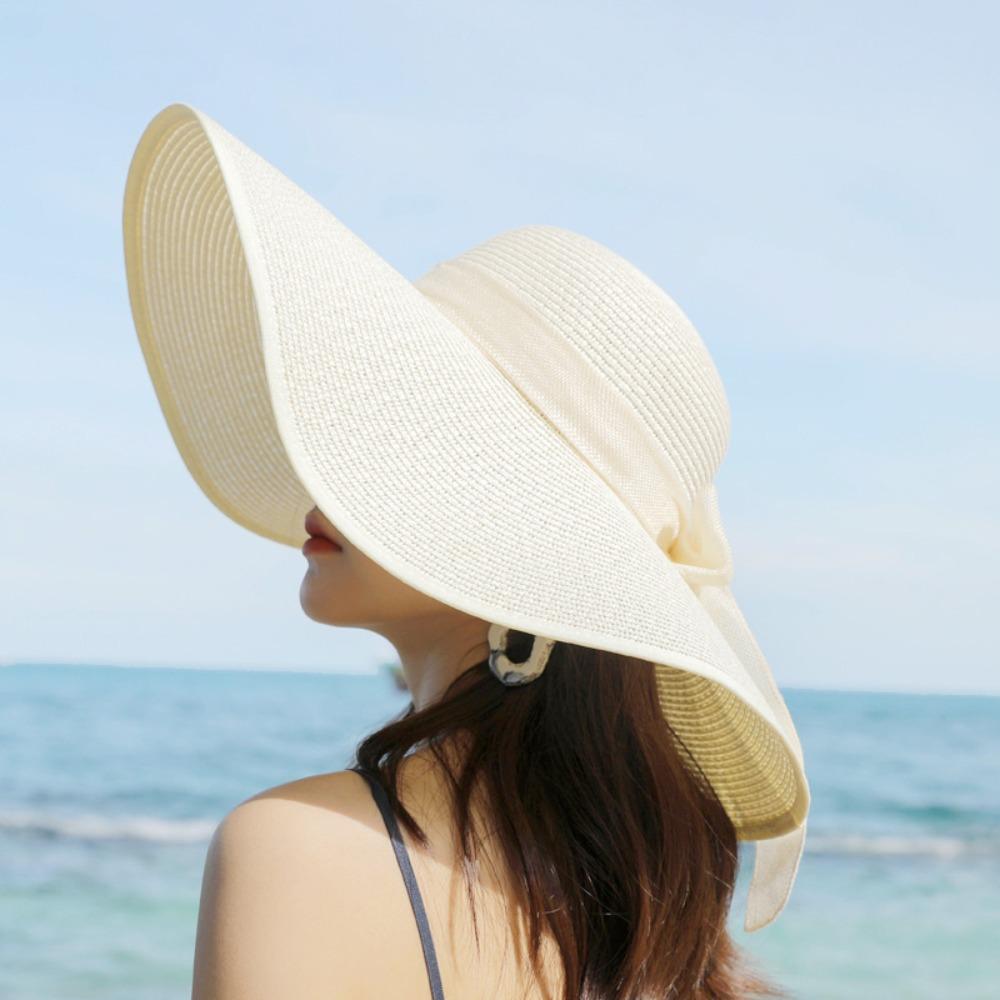 

1Pc Women s Oversize Straw Beach Hat,Big Brim Bow Design Sun Block Sun Protection,For Summer Seaside Vacation Travel Outdoor Use белый