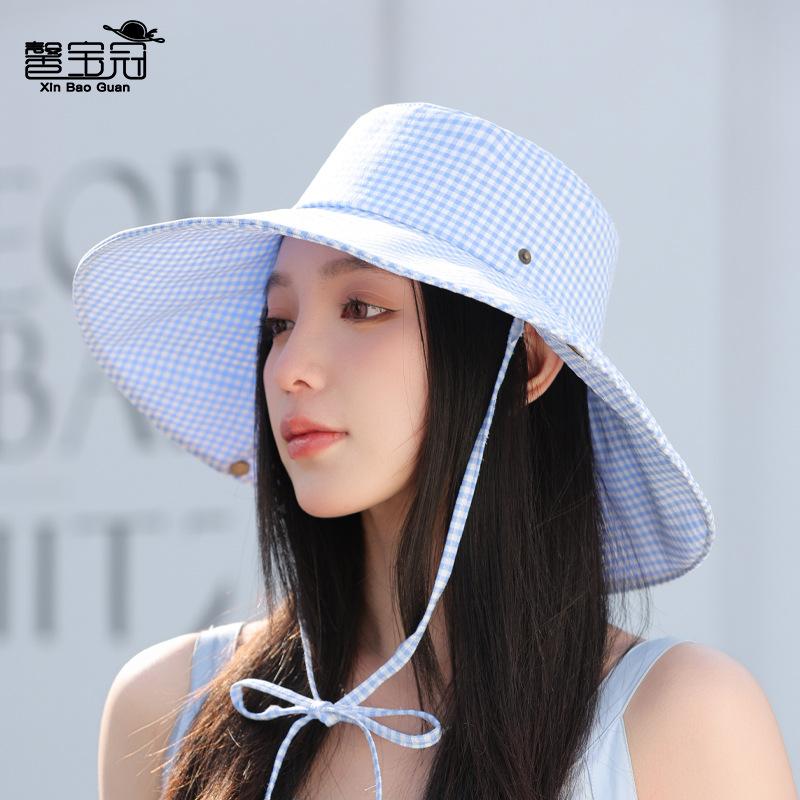 Plaid big eaves hat children summer outdoor travel sunshade bucket hat show face small versatile sunscreen sun hat