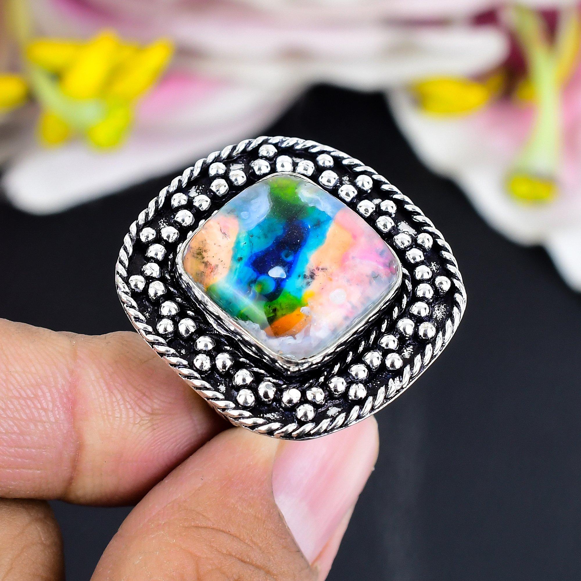 

Mexican Dico Glass Gemstone 925 Sterling Silver Jewelry Ring Size 8 KG-1697