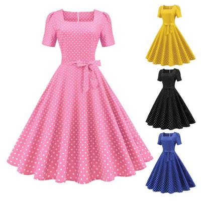 Vintage Polka Dot Dress Classic Movie Style Design Square Elegant Timeless Retro Collar Women's Dress