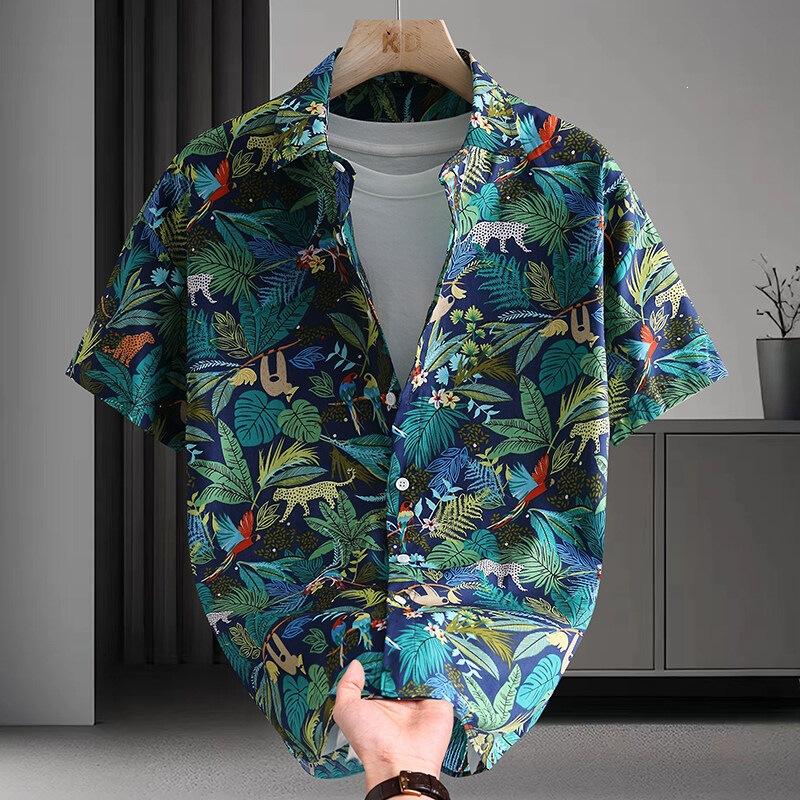 Men Short Sleeve Button Down Shirt Tropical Leaf Print Casual Summer Beach Shirt