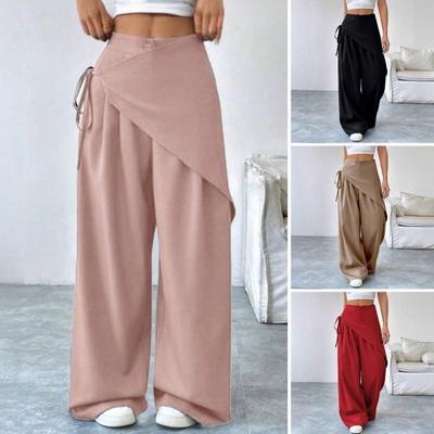 Pantalones Largos para Mujer, Pantalones Anchos Oversize con Decoración de Delantal, Pantalones Casuales de Color Sólido con Cintura Elástica para el Uso Diario y el Desplazamiento
