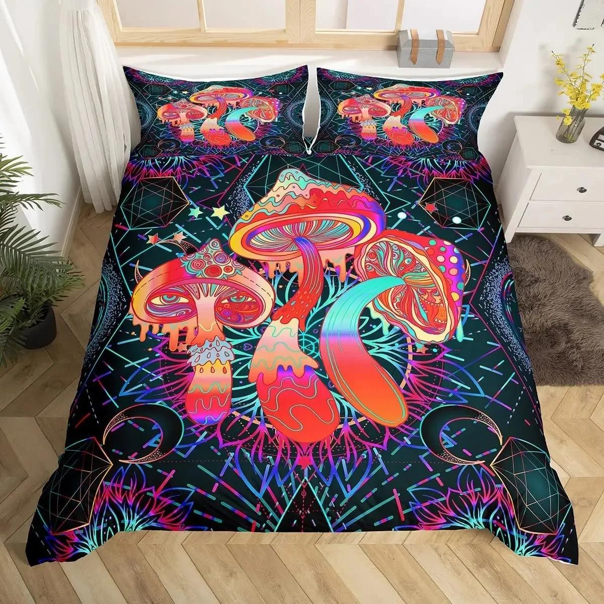 

Wild Mushroom Duvet Cover Set Burgundy Plant Bedding Set for Kids Comforter Cover Soft Polyester King Queen Size with Pillowcase 70x133cm