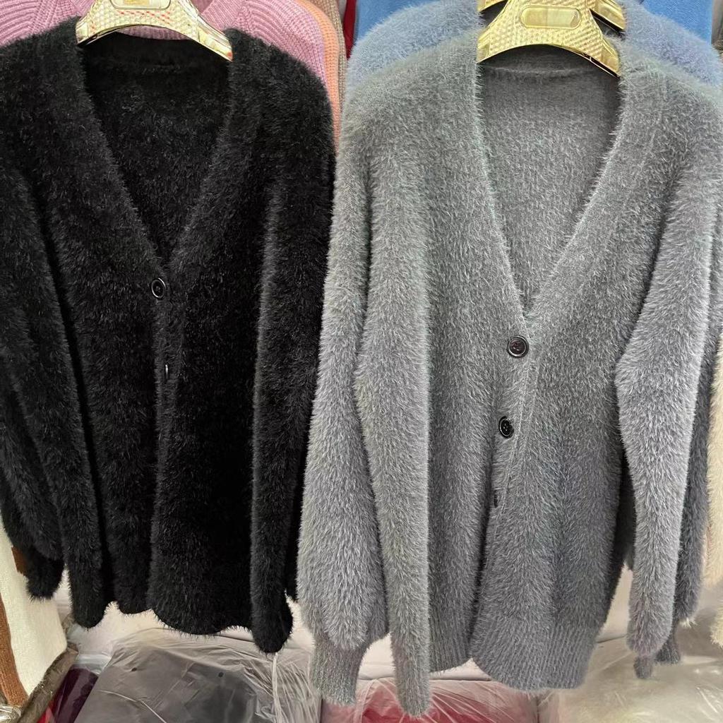Mink Cashmere V-Neck Knit Cardigan: 2026 Spring/Autumn Korean Style Loose Sweater Coat for Women