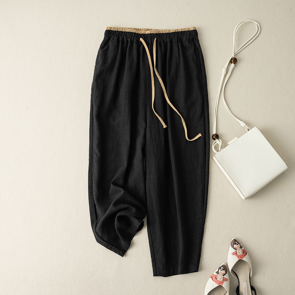 Women Summer Retro Cotton Linen Loose Harem Pants Elastic Drawstring Waist Casual Pants Basic Versatility Wide-leg Ankle-Length Pants