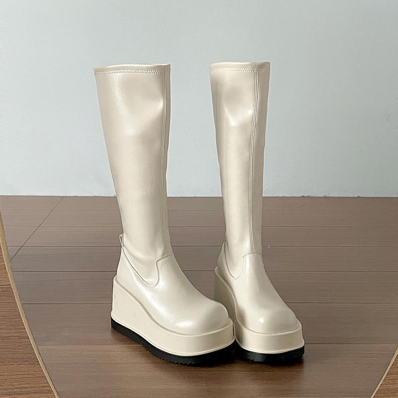 Winter Platform Wedges Heel Women Knee High Boots Fashion Back Zippers Shoes Cosy Soft Leather Long Booties
