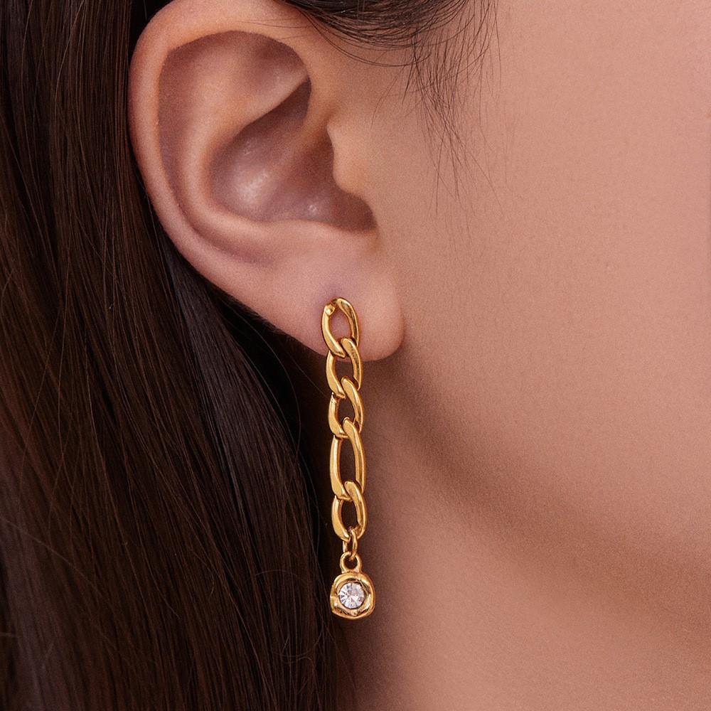 Chain Dangle Earrings In Stainless Steel 18K Gold Plated Ear Studs With Zircon Pendant Statement CZ Charm Stud Earring for Women