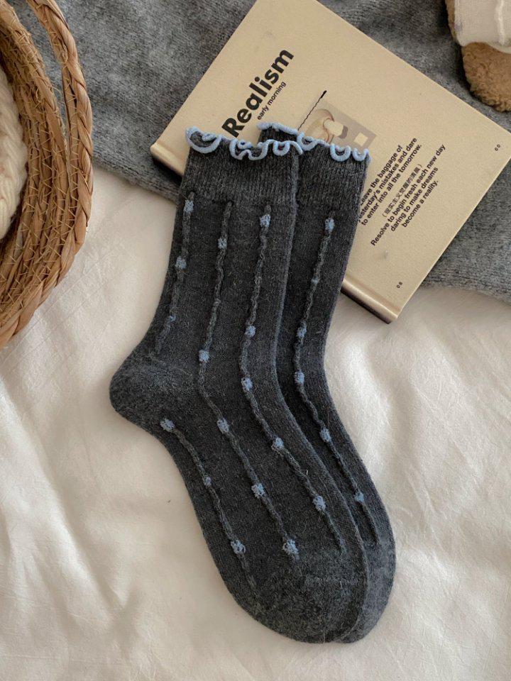 Polka Dot Floral Merino Wool Slouch Socks with Lettuce Edge and Lace