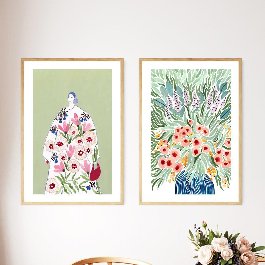 Tulip Violets Vase Woman Coat Flower Light Green Abstract Poster Aesthetics Prints Wall Art Painting On Canvas Living Room Decor No Frame