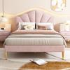 Velvet, upholstered bed, 140*190 cm, double bed, shell-shaped bed with gold iron legs, height-adjustable headboard, wooden slatted base, pink