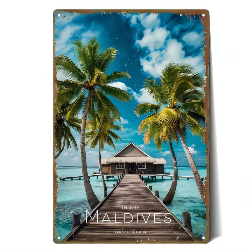 Tin Sign Metal Vintage Beach Pier Trees Wall Decor In the Maldives Tropical Sea Poster Plaque Rustic Cottage Bar Garage Home Ar