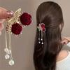 Chinese Style Red Velvet Rose Butterfly Hair Clip | Alloy Encrusted Bangs Hairpin, Women's Duckbill Clip, Vintage Court Style Hair Accessory