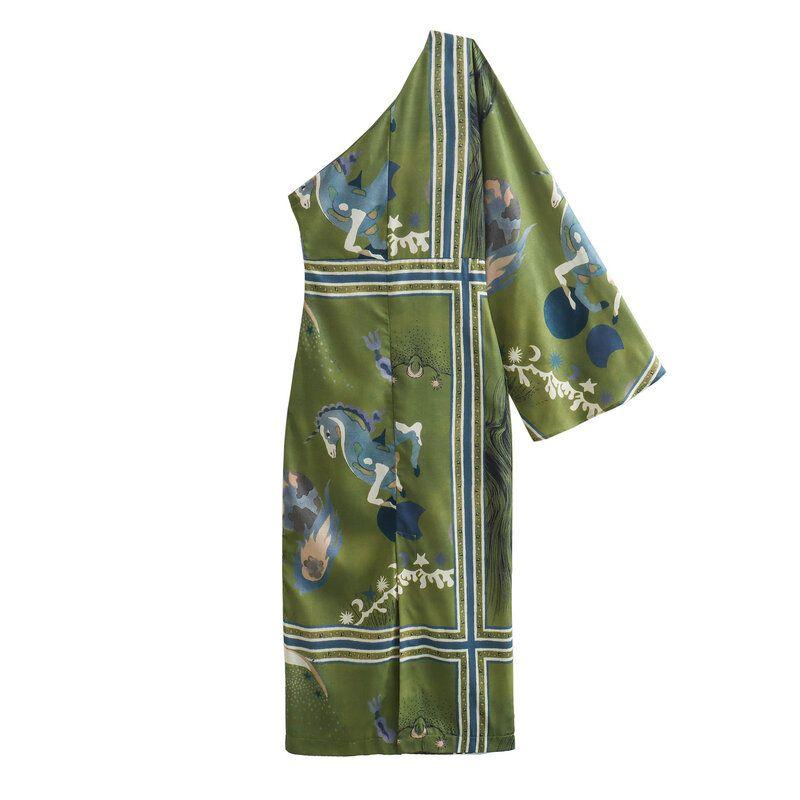 Fashion Wind 2024 Spring and Summer Women's Clothing Vintage Crumpled Decoration Silm Print Asymmetric Dress 2871138