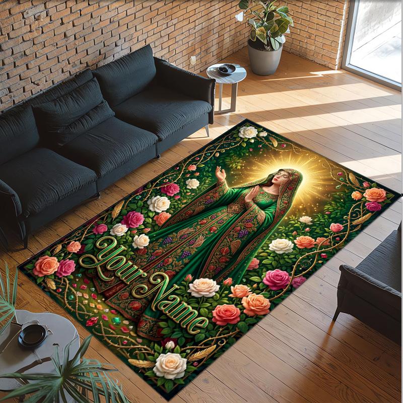 Virgin Mary Theme Crystal Velvet Rug Personalized Custom Name Text Soft Floor Mat Home Decor
