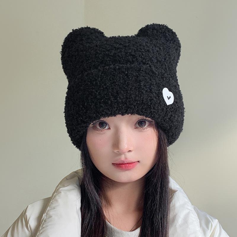Cute Plush Bear Ears Woolen Hat for Women Autumn and Winter Love Pullover Cold Hat Versatile Warm Ear Protection Knitted Hat