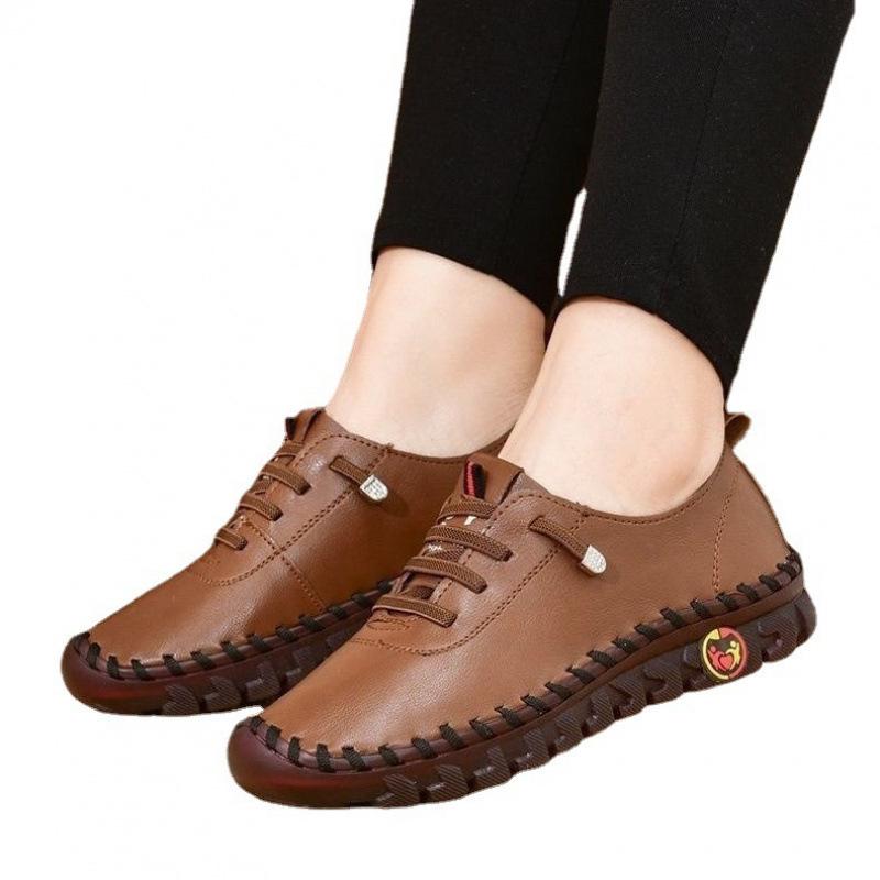 Real Soft Leather Single Shoes Comfortable Flat-soled Lace-up Mother Shoes Wide Fat Feet Cow Tendon Sole Soft Sole Soft Surface Middle-aged Large Size
