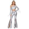Women Disco Dance Outfit Cold Shoulder Long Sleeve Tassel Sequined Crop Top Metallic Shiny Flared Pants