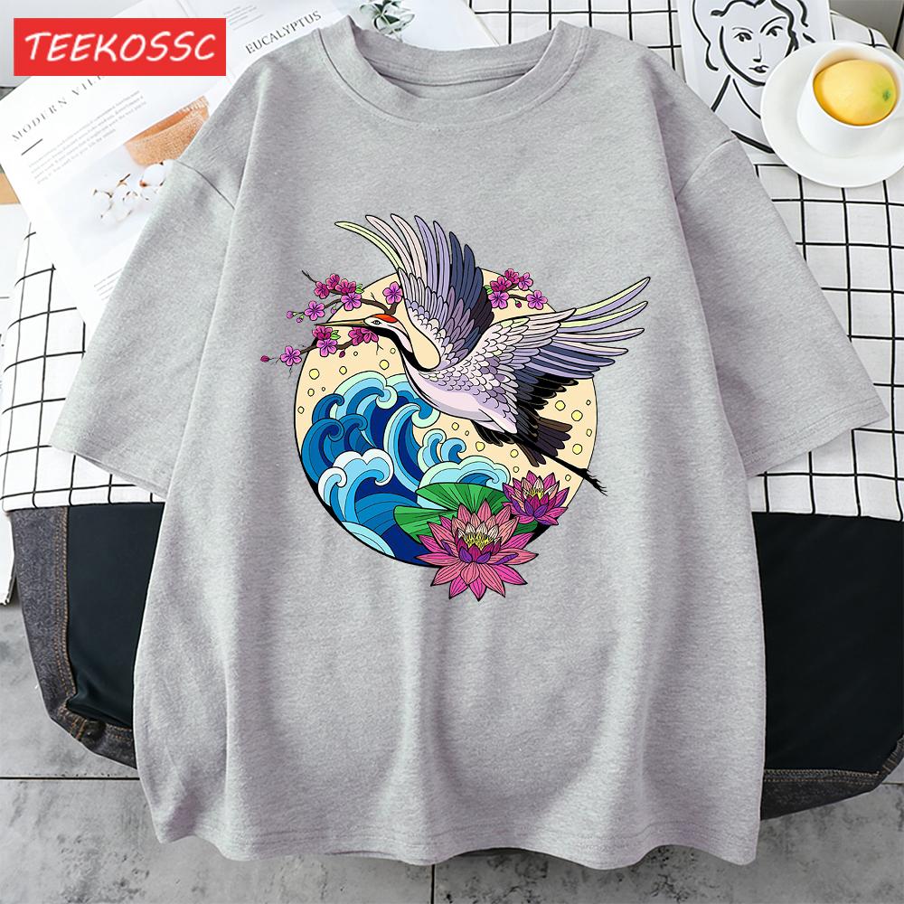 Cranes Enjoy Blooming Flowers Men T Shirts Vintage Fashion Soft Short Sleeve Summer Comfortable TShirt Unisex Cotton Loose Top