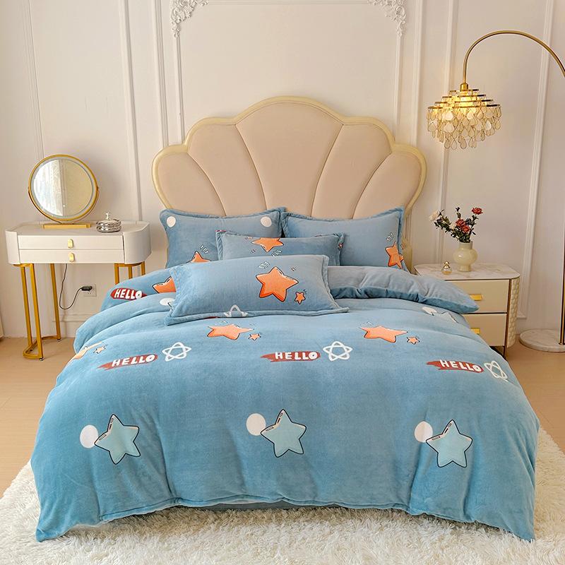 Thickened Milk Fleece Printing Four-Piece Polka Dot Student Bed Sheet Quilt Cover Bed Three-Piece Dormitory