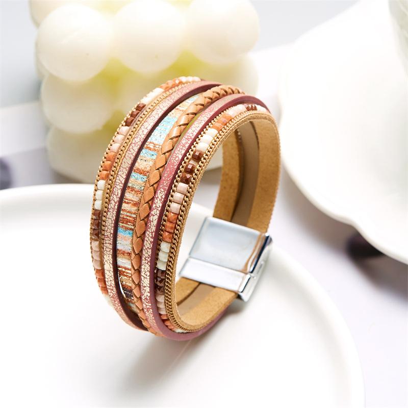 Bohemian Leather Bracelet Geometric Beads Chain Multilayer Wrap Bangle Women Jewelry Accessories
