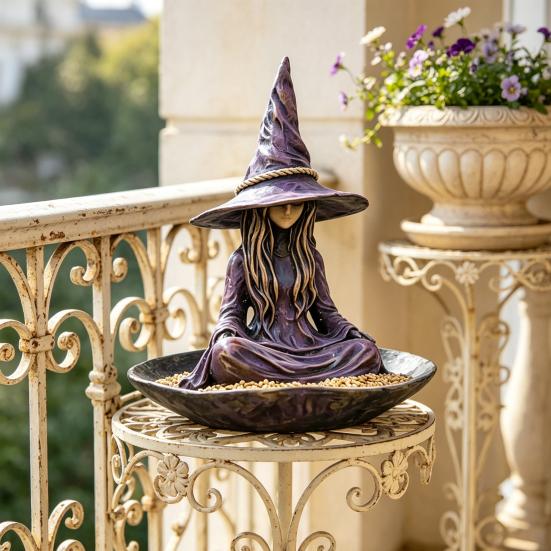 Meditating Witch Garden Bird Feeder Resin Witch Statue Outdoor Hanging Seeds Feeder for Outside Zen Garden Patio Backyard Decor