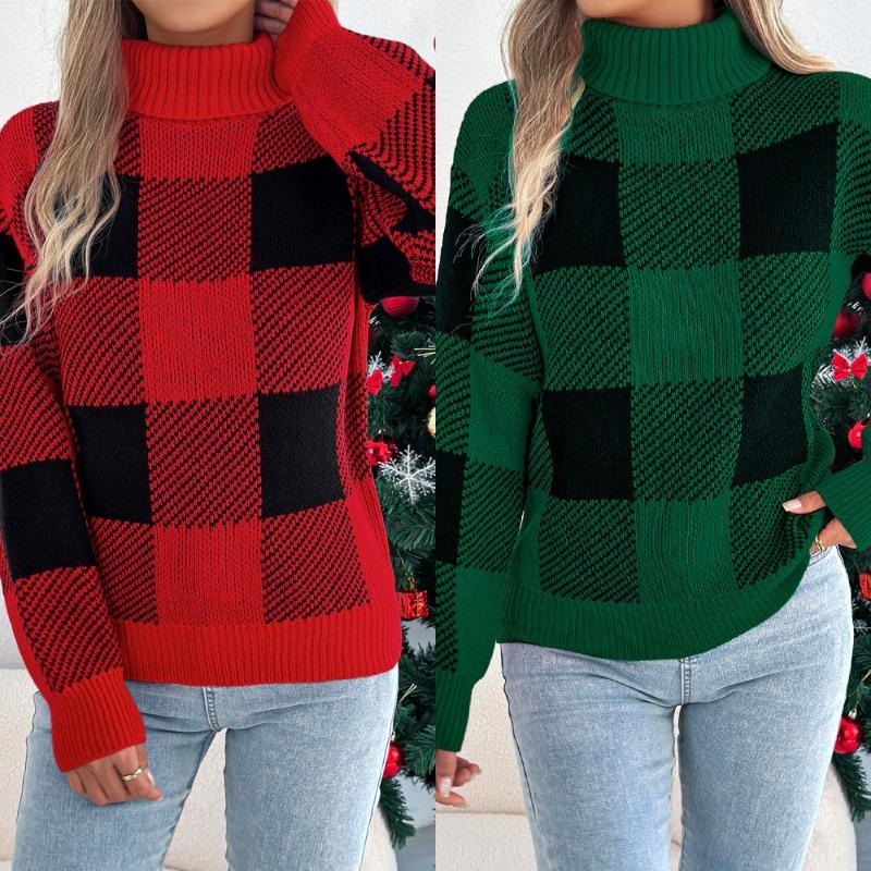 Women European Style Contrast Color Plaid High Neck Long Lantern Sleeve Pullover Sweater