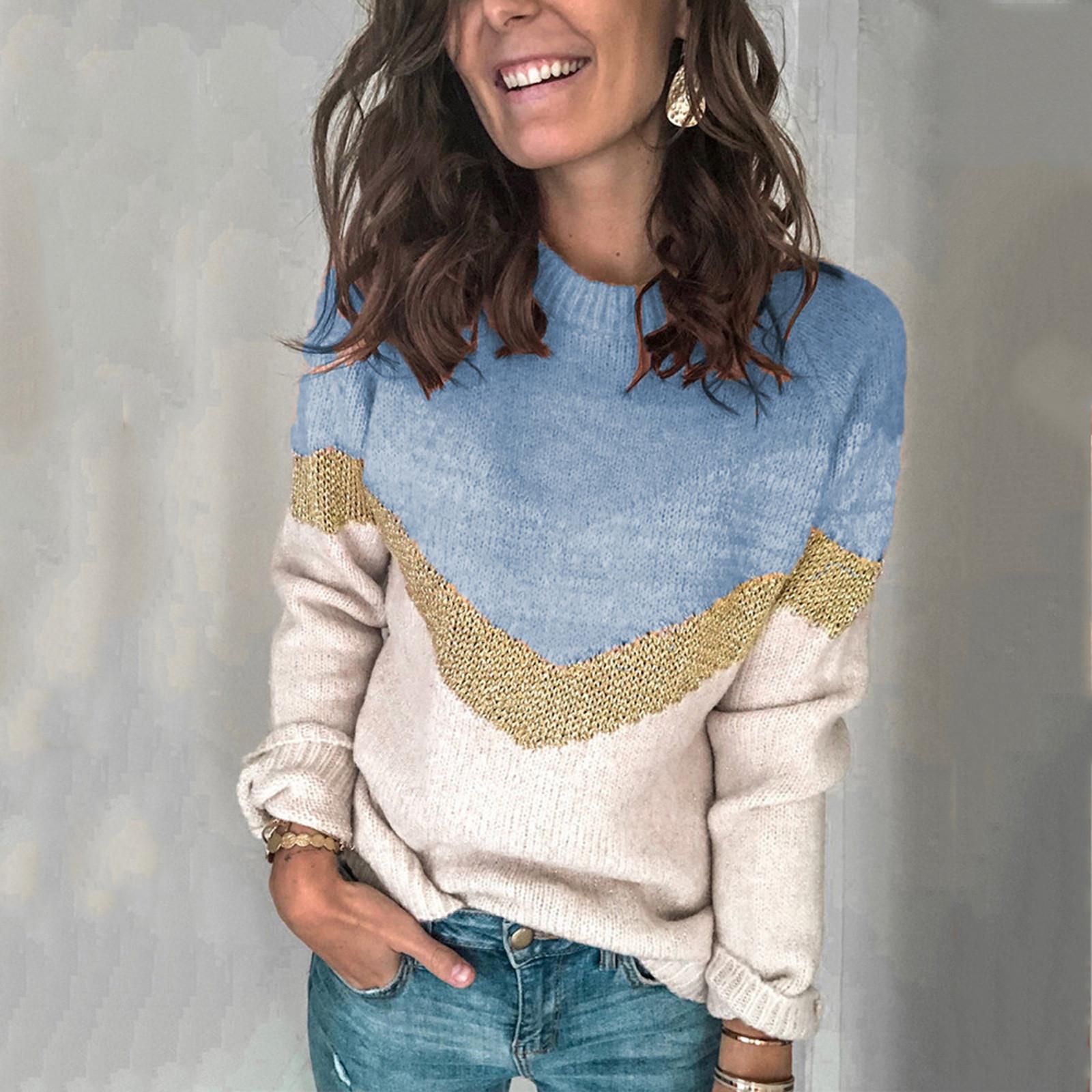 

Зимний женский вязаный свитер с длинными рукавами и полосатой вязкой M синий