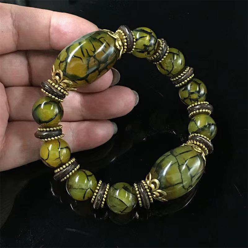 Natural Beautiful Stone Bracelet Green Ice Flower Bracelet Retro Tibetan Ethnic Style Bracelet Precious Jewelry