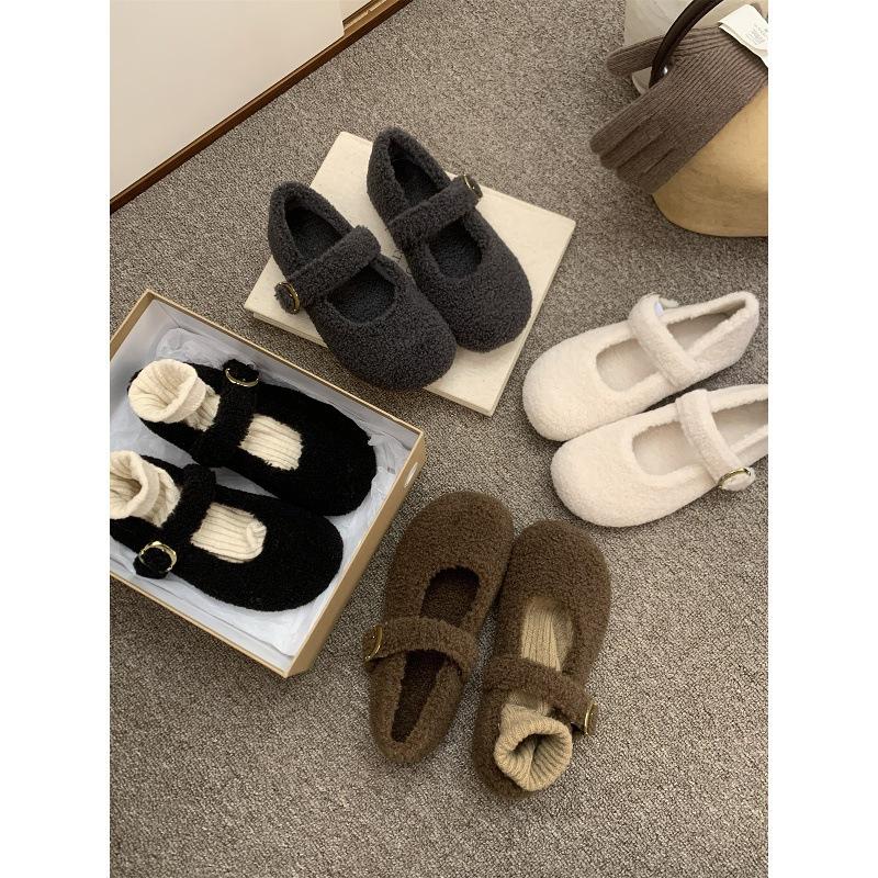 Gray Mary Jane Mao Mao shoes women's winter new woolen single shoes women's flat-bottomed velvet thermal cotton shoes