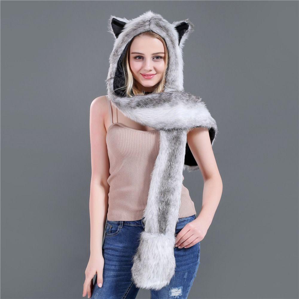 Warm Winter Cap 3 in1 Plush Hooded Windproof Animal Hat Unisex