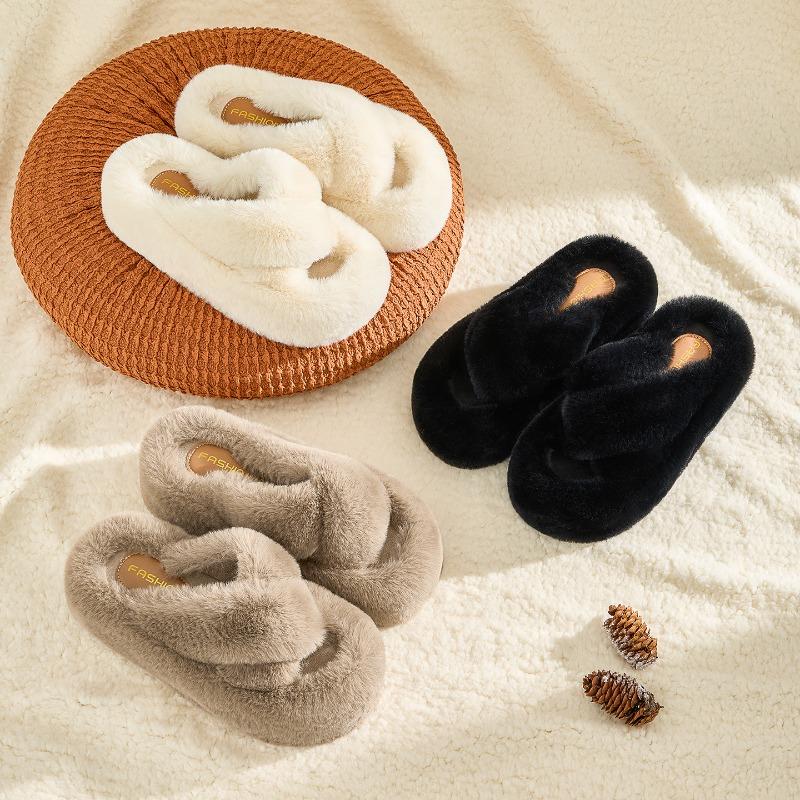 Crossed fluffy slippers women's outer wear new indoor home thick-soled fluffy plush shoes autumn and winter models