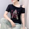 Summer Sexy Off Shoulder Women T-Shirt Shiny Hot Diamonds Mesh Tops Slim Female Short Sleeve Casual Tees