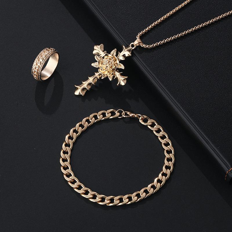 3Pcs Set Men'S Stainless Steel Metal Cross Pendant Chain Necklace Bracelet Ring Jewelry Set Male Hip Hop Daily Wear Accessories