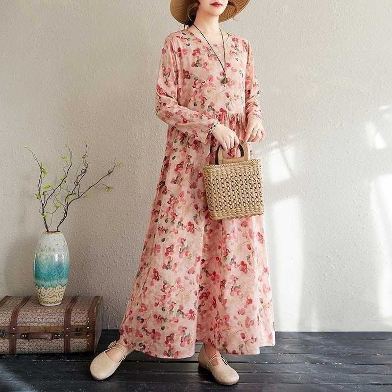Vacation Style Travel Round Neck Vintage Long Flesh Covering Dresses