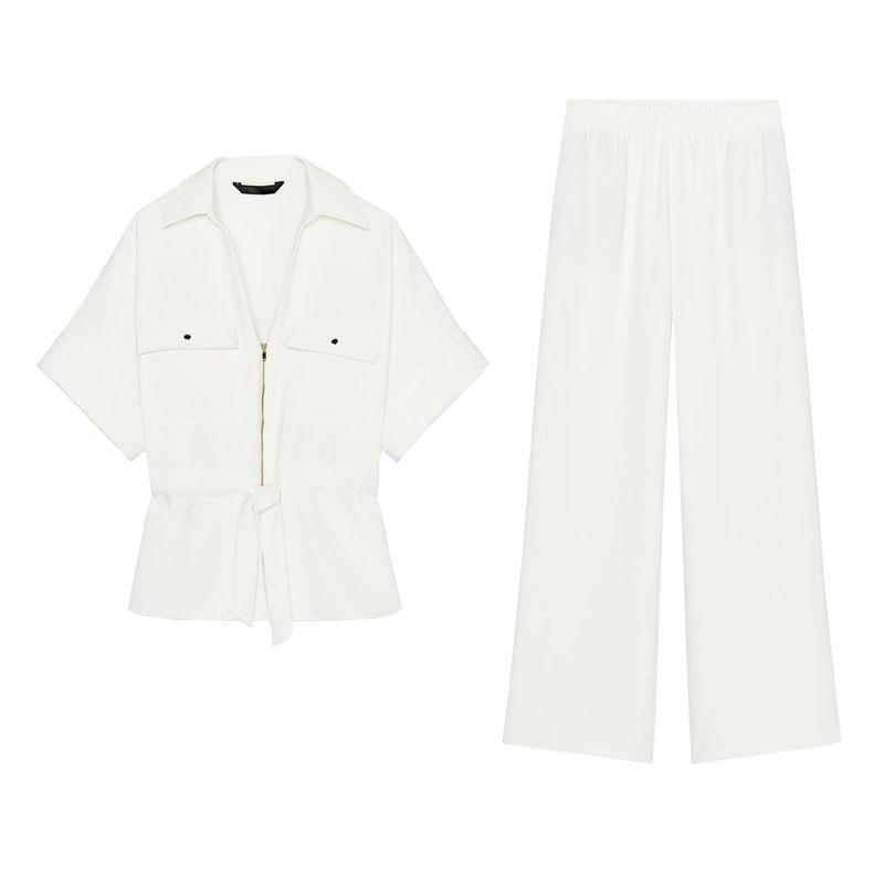 Spring and Summer Crepe Comfortable Short Sleeve Lapel Shirts 2273957 High Waist Wide Leg Casual Trousers 2116957