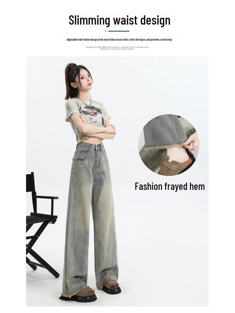 2024 Summer Women's High Waist Retro Distressed Wide-Leg Pants with Raw Hem