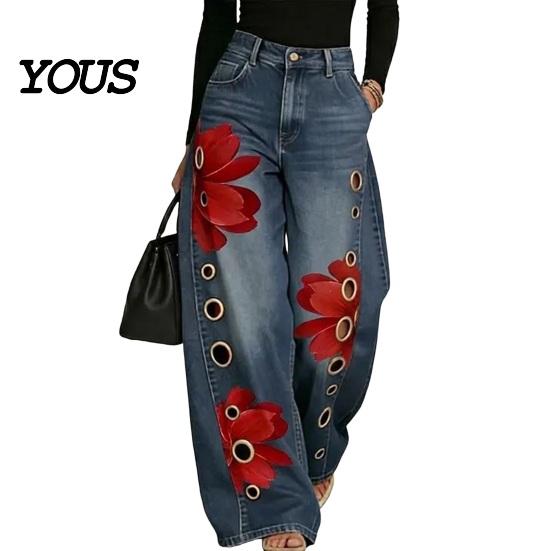 Loose Fit Faux Denim Trousers Women High Waisted Wide Leg Jeans, Vintage Floral Print Relaxed Trousers, Casual Pants with Pockets & Metal Eyelets