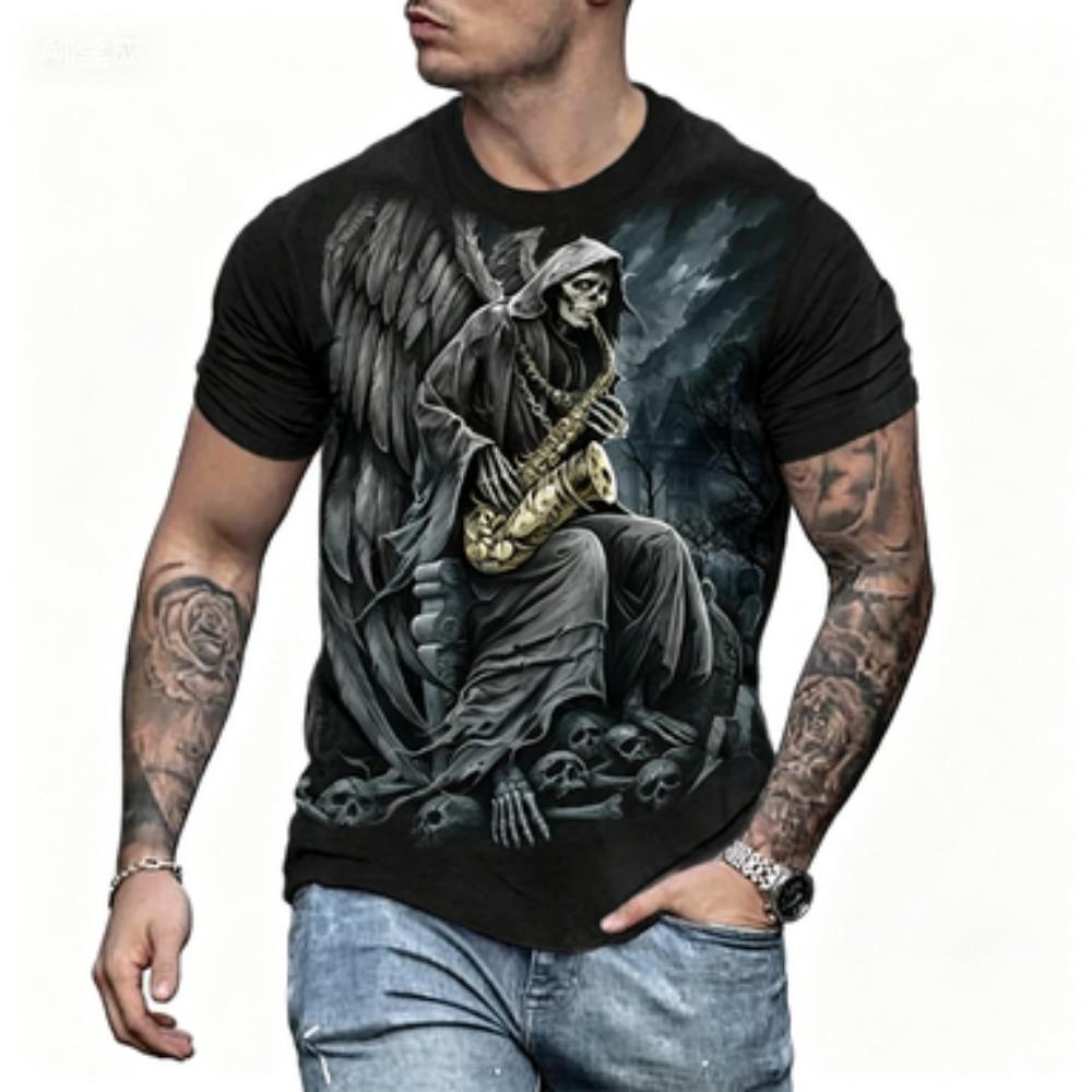 T-shirt alla moda da uomo con teschio gotico 3D Nera Girocollo Manica Corta Stile Streetwear Halloween Accattivante Moda Casual
