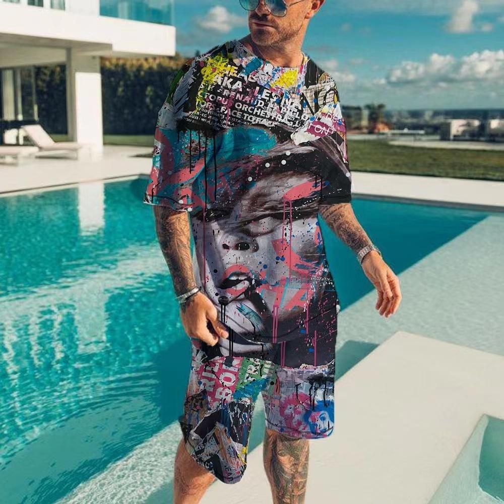 Men's Summer New Casual Set 3D Print Short Sleeve T-Shirt and Shorts Two-Piece Set Latest Outdoor Trend