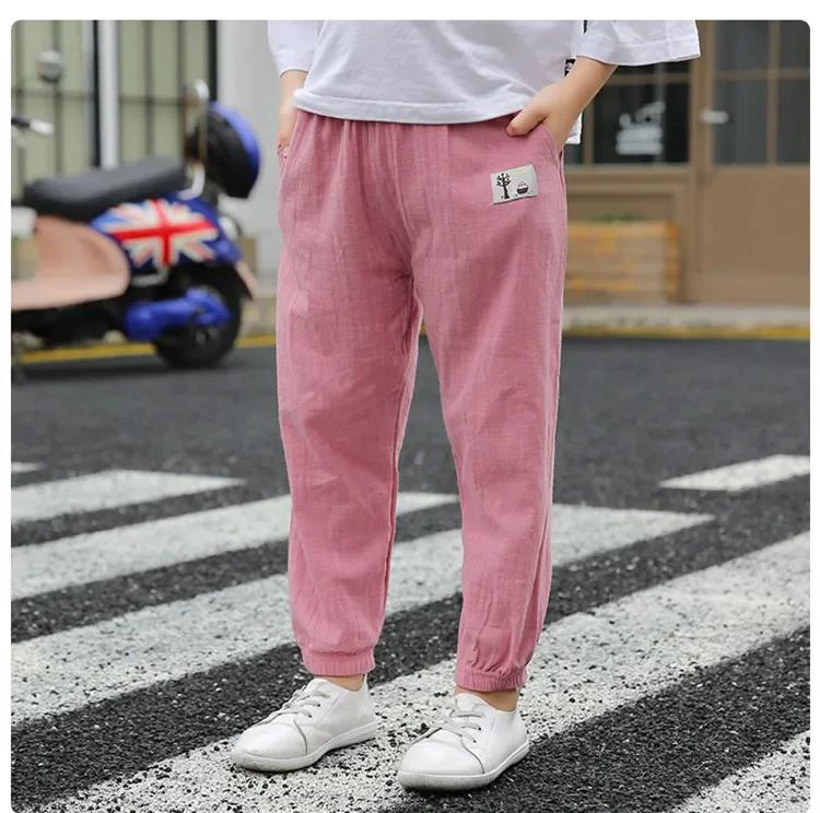 Children Trousers for Boys Girls Cotton Linen Elastic Waist Solid Color Summer Mosquito Pants Kids Clothing Long Pants